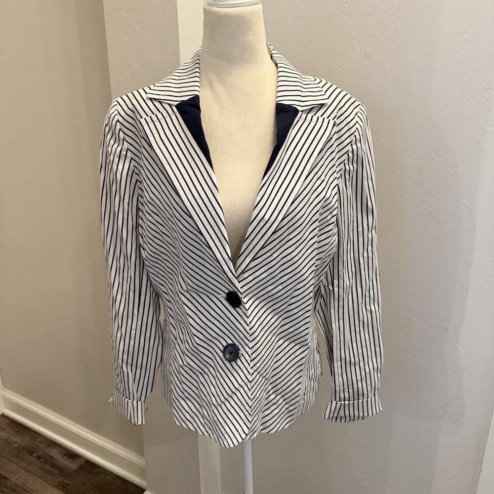 Jones NY Stretch Women’s Navy Blue & White Striped Two Button Blazer 12 (A0132)